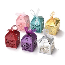 Laser Cut Paper Hollow Out Heart & Flowers Candy Boxes, Square with Ribbon, for Wedding Baby Shower Party Favor Gift Packaging