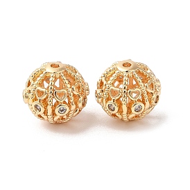 Hollow Brass Beads, with Cubic Zirconia, Round