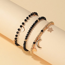 Fashion Three-piece Bracelet Handmade Black Beaded Star Moon Bracelet Popular Set Jewelry
