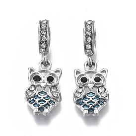 Alloy European Dangle Charms, with Crystal & Jet Rhinestone and Enamel, Large Hole Pendants, Owl, Platinum