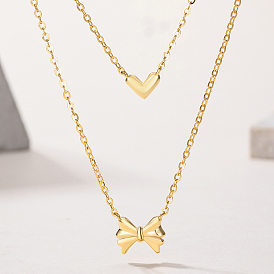 Vintage Style 925 Sterling Silver Heart Bowknot Pendant Double Layer Necklaces for Women