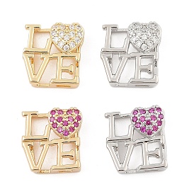 Brass Micro Pave Cubic Zirconia Slide Charms, Long-Lasting Plated, Word LOVE