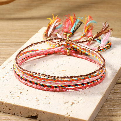 5Pcs 5 Colors Cotton Woven Braided Cord Bracelets Set, Adjustable Bohemian Ethnic Tribal Stackable Bracelets for Women