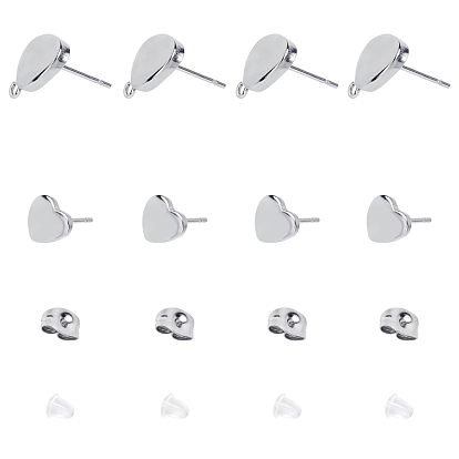304 Stainless Steel Stud Earring Findings, with Loop, 304 Stainless Steel & Plastic Ear Nuts