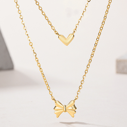 Vintage Style 925 Sterling Silver Heart Bowknot Pendant Double Layer Necklaces for Women