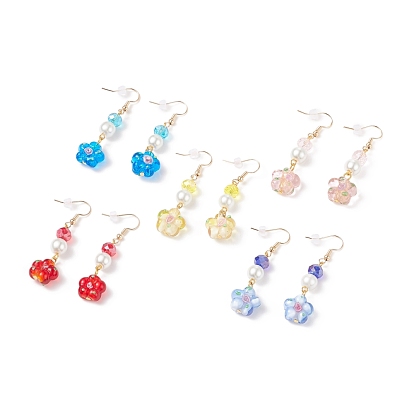 Lampwork Flower with Glass Pearl Dangle Earrings, Gold Plated Brass Jewelry for Women