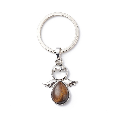 Natural Gemstone Keychain Angel Pendant Keychain, with Iron Findings