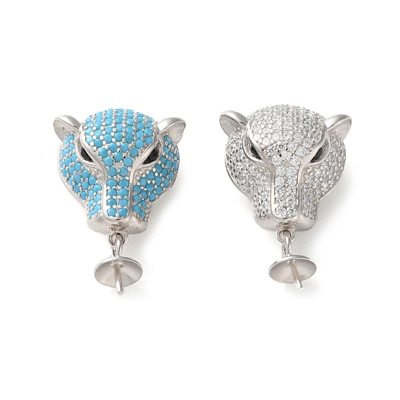 925 Sterling Silver Peg Bail Pendants, with Cubic Zirconia, Real Platinum Plated, Leopard