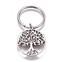 Natural & Synthetic Mixed Stone Keychain, with Stainless Steel Split Rings and Alloy Pendant, Flat Round with Tree of Life