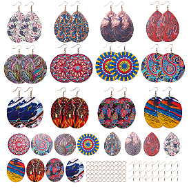 SUNNYCLUE DIY Dangle Earrings Making, with Printed Wooden Big Pendants, Brass Earring Hooks and Iron Jump Rings, Oval/Teardrop/Flat Round