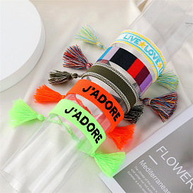 Bohemian Ethnic Style Handmade Tassel Bracelet with Embroidered Letters and Colorful Bands
