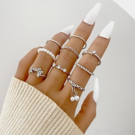Sparkling Butterfly Diamond Ring & Pearl Joint Rings Set - 9 Pieces for Women's High-end Fashion Jewelry Collection