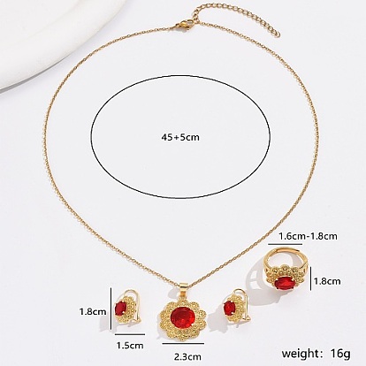 Red Cubic Zirconia Flower Jewelry Set, Brass Hoop Earring & Adjustable Rings & Pendant Necklaces