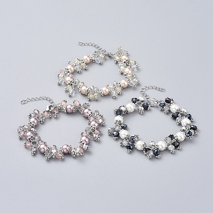 Glass Pearl Charm Bracelets, with Faceted Glass Beads and Alloy & 304 Stainless Steel Findings