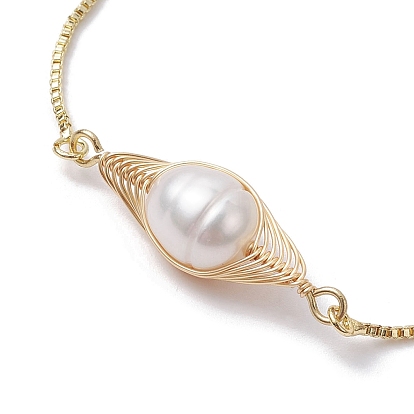 Natural Pearl Link Slider Braceket, with Brass Box Chains
