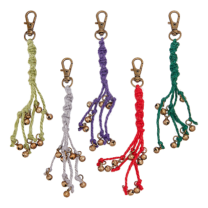 5 pièces 5 breloque clochette en laiton de différentes couleurs avec pendentif en corde de jute décoratif, fermoirs alliage pivotantes, bronze antique