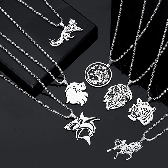 Хип-хоп стиль, тема животных 304 ожерелья с подвесками из нержавеющей стали, цвет нержавеющей стали, не тускнеет