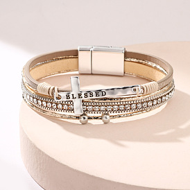 Bracelet croix style bohème avec fermoir magnétique - luxueux, diamant micro incrusté, faux cuir.