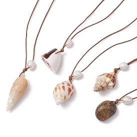 5Pcs 5 Styles Summer Beach Natural Cultured Freshwater Pearl & Natural Shell Pendant Necklaces, Cowhide Leather Cord Necklaces