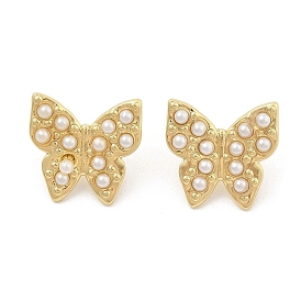 Butterfly PVD Vacuum Plating 304 Stainless Steel Stud Earrings for Women, with Plastic Imitation Pearl