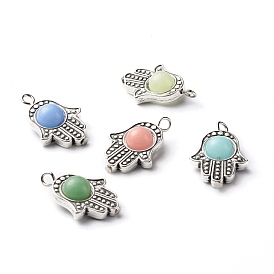 Synthetic Luminous Stone Pendants, with Tibetan Style Alloy Bead Frames & Iron Flat Head Pins, Glow in the Dark, Hamsa Hands, Antique Silver & Platinum