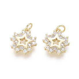 Brass Charms, with Clear Cubic Zirconia and Jump Rings, Star