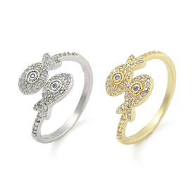Brass Micro Pave Cubic Zirconia Cuff Finger Rings, Fish