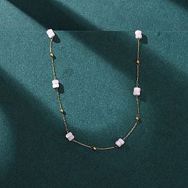 304 Женские ожерелья из нержавеющей стали с бусинами-дисками из натуральных ракушек, окрашенными в розовый цвет, ионное покрытие (ip)