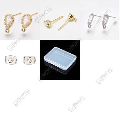 30pcs 3 boucles d'oreilles à tige en laiton en forme de larme et de trapèze avec zircone cubique transparente, avec boucles et écrous d'oreille à friction