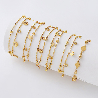 304 Stainless Steel Pave Clear Cubic Zirconia Tassel 2-Strand Bracelets for Women, Golden