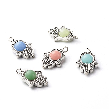 Synthetic Luminous Stone Pendants, with Tibetan Style Alloy Bead Frames & Iron Flat Head Pins, Glow in the Dark, Hamsa Hands, Antique Silver & Platinum