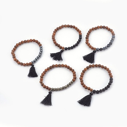 Natural & Synthetic Gemstone Beads Bracelets, with Wood Beads and Cotton Thread Tassel Pendants