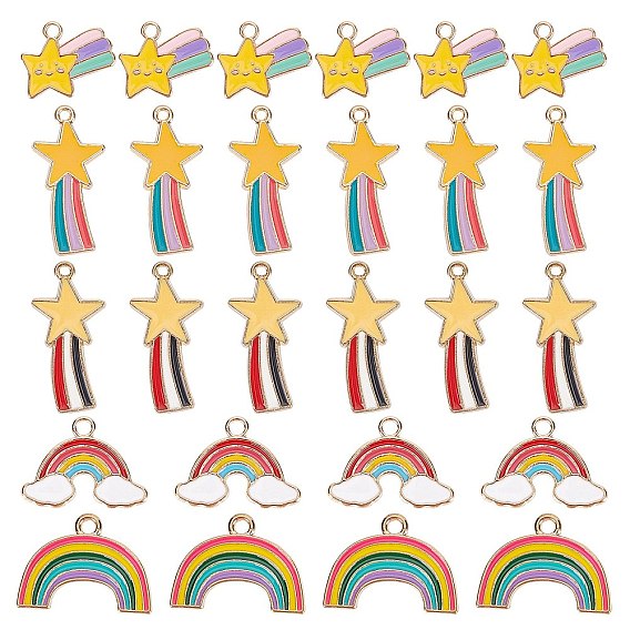 60Pcs 5 Style Alloy Enamel Pendants, Rainbow & Meteor & Shooting Star, Light Gold