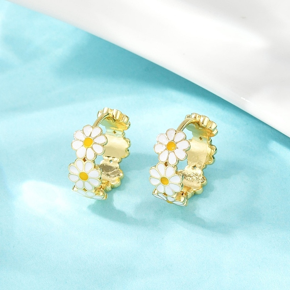 Pendientes de aro de latón esmaltado, flor, sin plomo y cadmio, chapado en rack, larga duración plateado