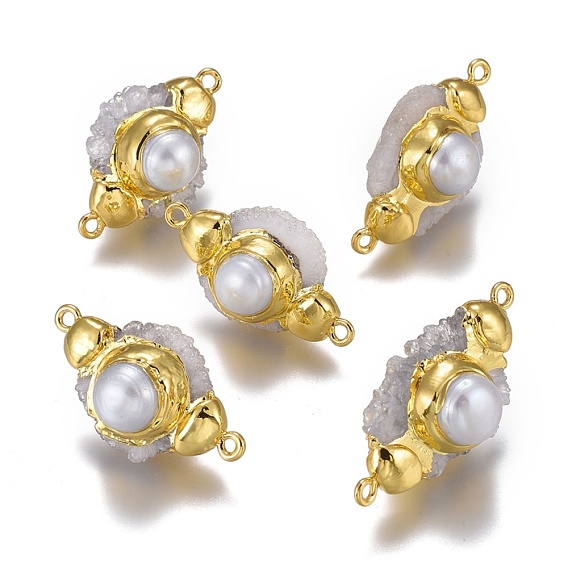 Соединители с натуральными кварцевыми кристаллами, с жемчугом и позолоченной латунной фурнитурой, оливковая форма