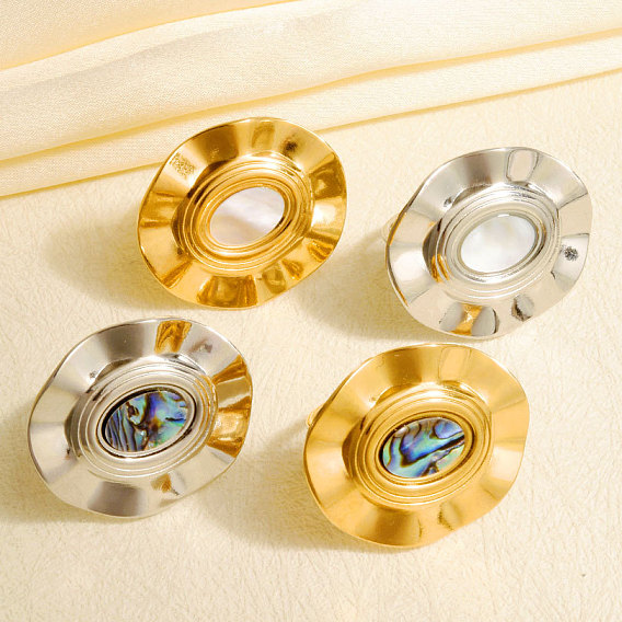 304 Открытые кольца-манжеты из нержавеющей стали с натуральными ракушками для женщин, овальные