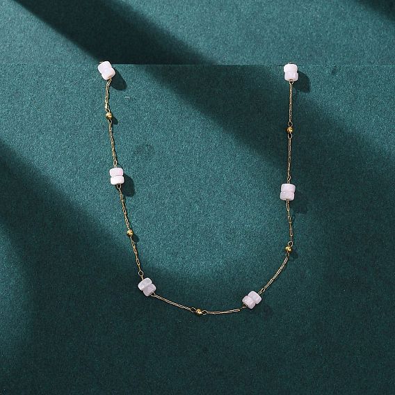 304 Женские ожерелья из нержавеющей стали с бусинами-дисками из натуральных ракушек, окрашенными в розовый цвет, ионное покрытие (ip)