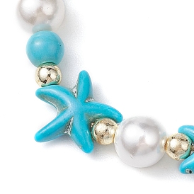 Adjustable Dyed Synthetic Turquoise & Shell Pearl Braided Bead Bracelets, Summer Beach Starfish Bracelets for Women
