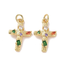Cross Brass Micro Pave Colorful Cubic Zirconia Pendants, with Jump Rings, Cadmium Free & Lead Free