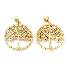 Brass Micro Pave Cubic Zirconia Pendants, Lead Free & Cadmium Free, Flat Round with Tree of Life Charms