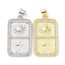 Brass Cubic Zirconia Pendants, Long-Lasting Plated, Lead Free & Cadmium Free, Rectangle with Sun and Lightning Pattren