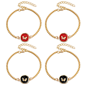 4шт. 2 цвета сплава эмалевые подвески браслеты, браслеты-цепочки из железных коробок для женщин, плоские круглые с бабочкой