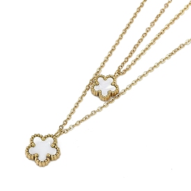 Ion Plating(IP) 304 Stainless Steel Double Layer Cable Chain Necklaces, Flower Plastic Imitation Shell Pendant Necklaces