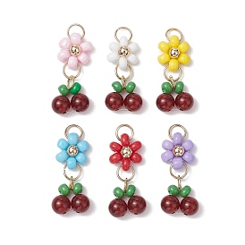 6Pcs 6 Colors Baking Paint Glass Seed Pendants, with Natural Carnelian Beads & Golden 304 Stainless Steel Loops, Flower