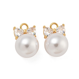 Brass Cubic Zirconia Charms, with ABS Plastic Pearl, Bowknot