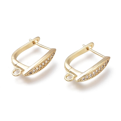 Brass Micro Pave Clear Cubic Zirconia Hoop Earring Findings with Latch Back Closure, with Loop, Long-Lasting Plated
