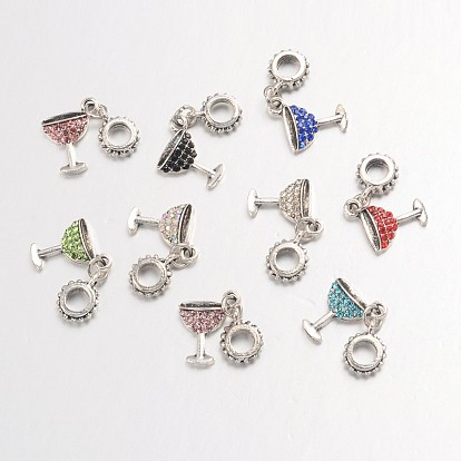 Large Hole Alloy Glass Rhinestone European Dangle Charms, Cocktail Glass, Antique Silver, 28mm, Hole: 4.5mm