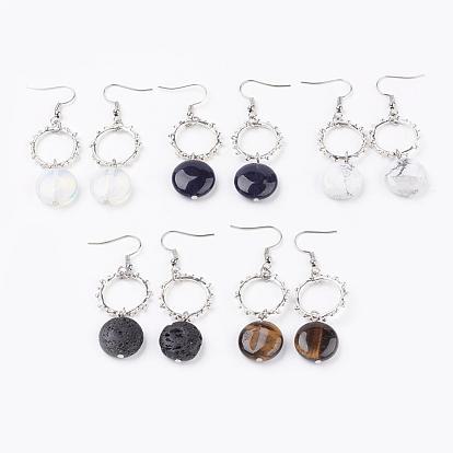 Pendientes colgantes de piedras preciosas, con ganchos de pendientes de latón y hallazgos de aleación y hierro, plano y redondo