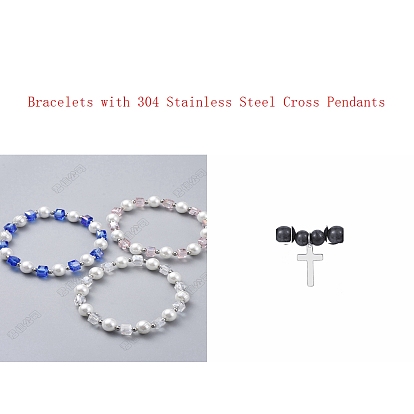 Glass Pearl & Glass Beads Stretch Bracelets, with 304 Stainless Steel Cross Pendants