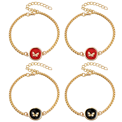 4шт. 2 цвета сплава эмалевые подвески браслеты, браслеты-цепочки из железных коробок для женщин, плоские круглые с бабочкой